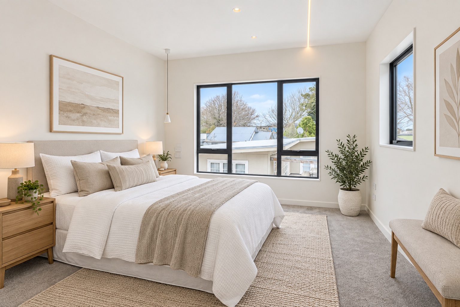 Bright bedroom with a wide outlook to neighbouring homes