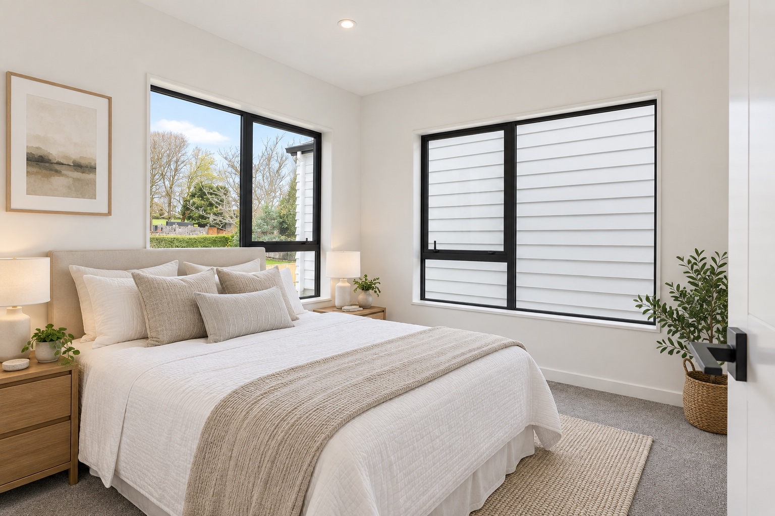 Bedroom with broad windows and soft natural light