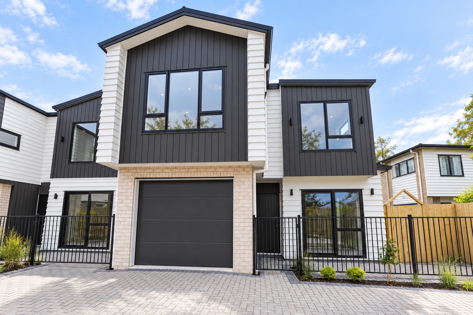 Street view of modern townhouse homes